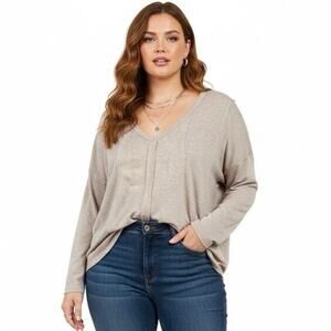 Love Riche V-Neck Long Sleeve Top Womens 3X Taupe Soft Stretchy Cool Girl Casual